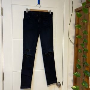 J Brand mid rise distressed skinny jean in super dark/navy blue denim